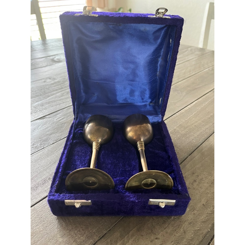 -SOLD- vintage Brass Wine Goblet Set of 2 with Purple Velvet Box Chalic